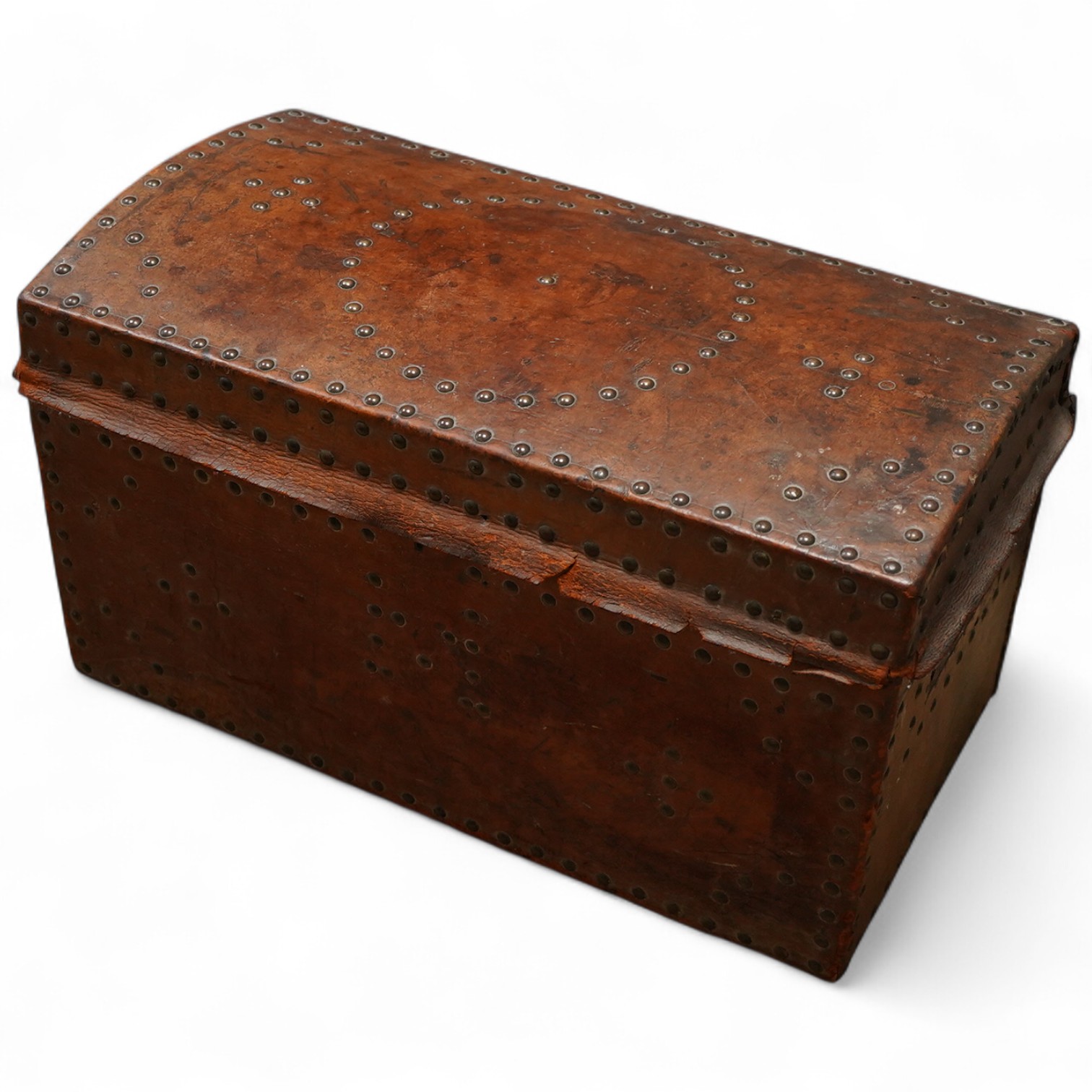 A 19th century leather and brass studded domed trunk, 65cm wide x 36cm high